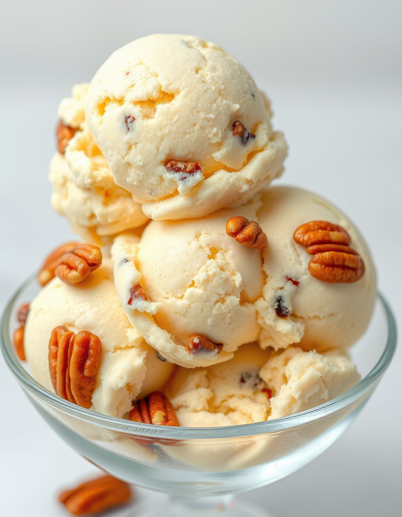 Scoop of creamy vanilla pecan ice cream served in a clear glass bowl